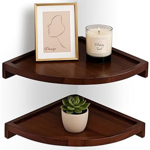 Demigo Floating Round Corner Shelves for Wall 2pcs, Acacia Wood Wall-Mounted Storage Shelves for Home Decor, Space Saving Displays for Living Room, Kitchen, Office, and Bedroom (Dark Brown)
