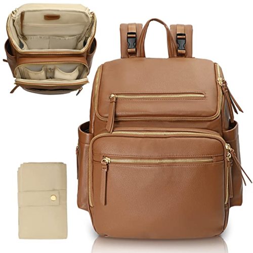 Diaper Bag Backpack Baby Diaper Bag Leather with 17 Diaper Bag Organizing Pouches,Changing Pad,Stroller Straps,4 Insulated Pockets,Brown - Congac