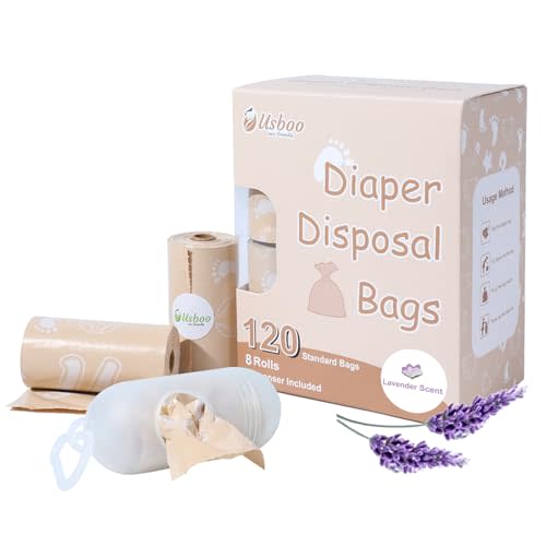 USBOO Diaper Bags Disposable for Baby, Biodegradeable Dirty Diaper Bags (8 Refill Rolls/120 Bags) with Dispenser, Leak Proof Diaper Trash Bags, Baby Poop Bags, Lavender Scent