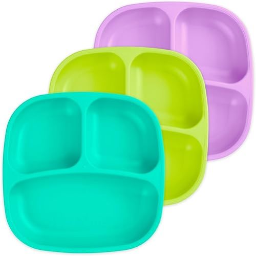 Re-Play Toddler Plates with Dividers - Deep-Walled 3 Compartments Divided Plates for Kids - Dishwasher & Microwave Safe - Made in USA - Set of 3-7.37" x 7.37" x 1.25" - Mermaid