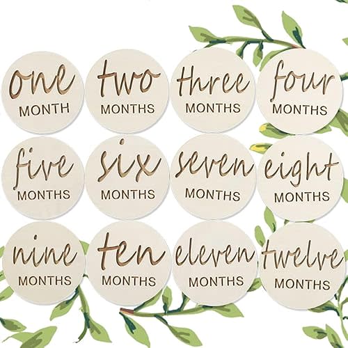 12 Packs Wooden Baby Monthly Milestone Cards, Baby Monthly Milestones for Newborn Baby Gifts,1-12 Months Wooden Discs with Baby Announcement Sign, Pregnancy Baby Shower Gifts for Christmas New Year