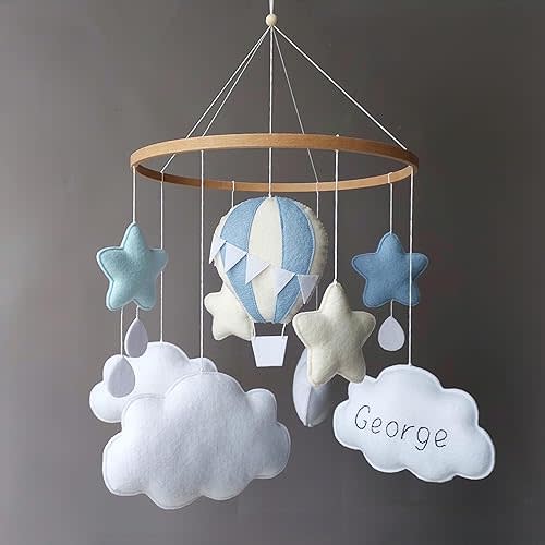 Personalized Baby Mobile with Blue Hot Air Balloon, Stars and Clouds – Custom Name on Cloud – Nursery Decor for Boy, Handmade Crib Mobile