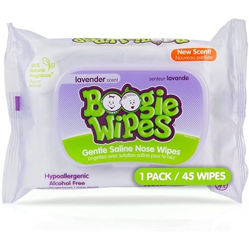 Saline Nose Wipes by Boogie, for Baby & Kids, Face, Hand & Body, FSA/HSA Eligible, Made with Vitamin E, Aloe, and Natural Saline, Lavender Scent, 45 Count (Pack of 1)