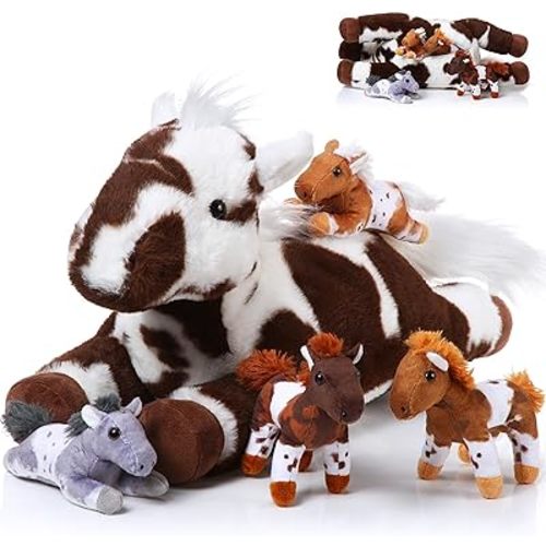 Lenwen 5 Pcs Horse Stuffed Animals 18 Inches Large Mommy Horse Plush with 4 Babies in Zippered Belly Nurturing Plushie Toy Set Gifts for Boys Girls Birthday Gift Derby Party Favors(Lively)