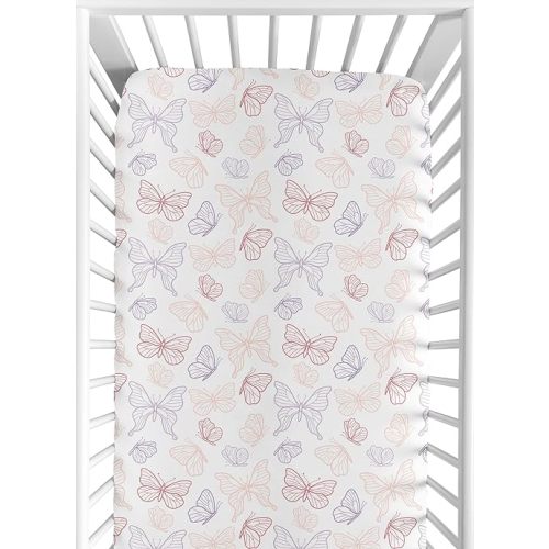 Sweet Jojo Designs Shabby Chic Butterfly Girl Baby Fitted Crib Sheet Infant Newborn Nursery Toddler Bed Room Standard Mattress Blush Pink Lavender Purple White Colorful Pastel Lilac Watercolor Pattern