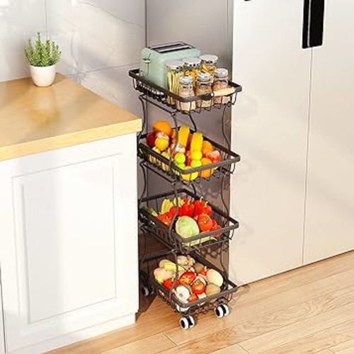 4 Tier Slim Fruit Basket for Kitchen, Stackable Metal Wire Fruit Vegetable Storage Baskets Organizer Stand on Wheels, Produce Basket Potato Onion Storage Bins Rack for Pantry. (Black)