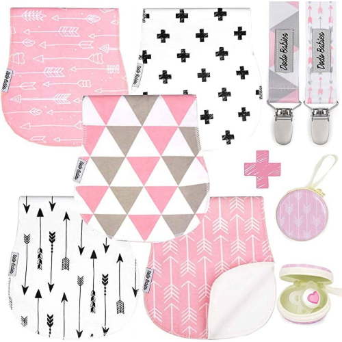 Dodo Babies 5 Pack Baby Burp Cloths with 2 Pacifier Clips and 1 Pacifier Case, Female, Infant