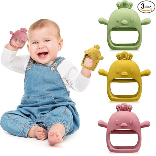 3 Pack Baby Teether Teething Toys for Babies 0-6 Months Baby Teething Toy Silicone Anti Dropping Infant Hand Teether Pacifiers Wrist Hand Chew Toys for Sucking Needs(Olive Green, Red, Yellow, Chick)
