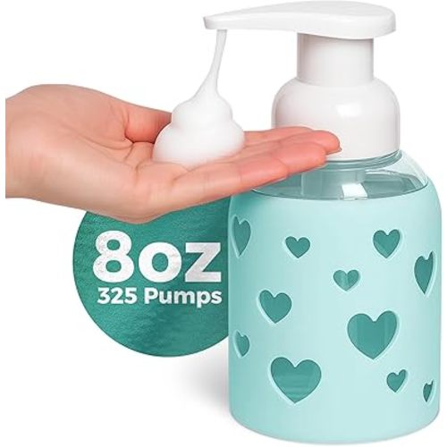 SoCal Suds & Company Glass Foaming Hand Soap Dispenser, Heart Silicone Sleeve, Refillable Pump Bottle for Kids, Baby Wash & Shampoo, Ideal for Home Use, Sea Glass 8oz