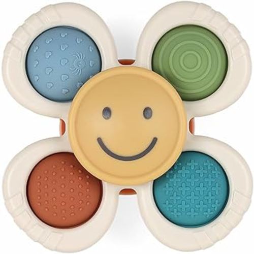 Itzy Ritzy Fidget Toy with Sensory Poppers & Suction Cup; Fidget Toy Sticks to Highchairs, Tables or Tubs While Spinning & Engaging Baby with 4 Textured Poppers, Smile