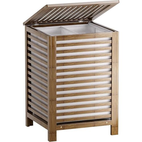SMIBUY Double Laundry Hamper with Lid, 120L Bamboo Laundry Basket with Removable Liner Bag, 2-Section Clothes Divider Laundry Sorter for Laundry Room, Bathroom, Bedroom (Walnut)