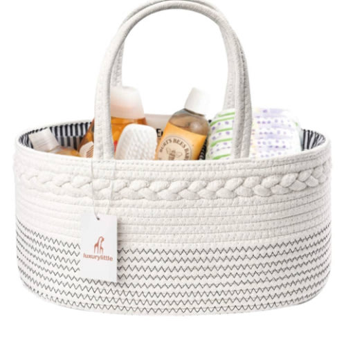 luxury little Diaper Caddy Organizer, Large Cotton Rope Nursery Baby Basket, Changing Table Organizer for Baby Diaper Storage, Portable Car Organizer with Removable Divider, Baby Shower Gifts - White