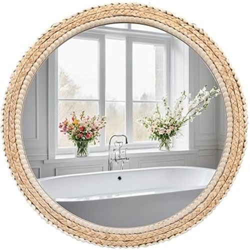 FUIN 24" Rattan and Wood Round Mirror for Boho Bathroom, Entryway, Living Room Decor