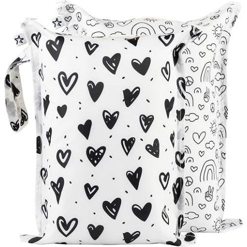 Tiny Twinkle Mess-proof Wet Bags 2 Pack Waterproof and Washable Bag for Travel storage, Stroller, Daycare, Baby Diapers, Yoga, Beach, Pool, Wet Toddler Swimsuits (Black,White)