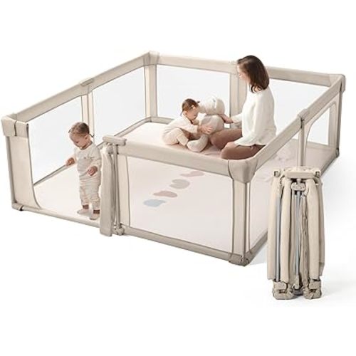 Portable Baby Playpen, Pre-Assembled Play Pen 71x79 Large Foldable Playpen for Babies and Toddlers, Sturdy and Safe Toddler Play Yard Indoor Outdoor with Carry Bag, Light Khaki