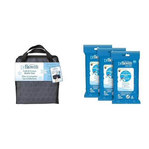 Dr. Brown's Fold & Freeze Bottle Tote, Breastfeeding Essential Cooler Bag, 6 Baby Bottles Milk Storage - Black & Bottle and Pacifier Healthy Wipes, Naturally Cleaning