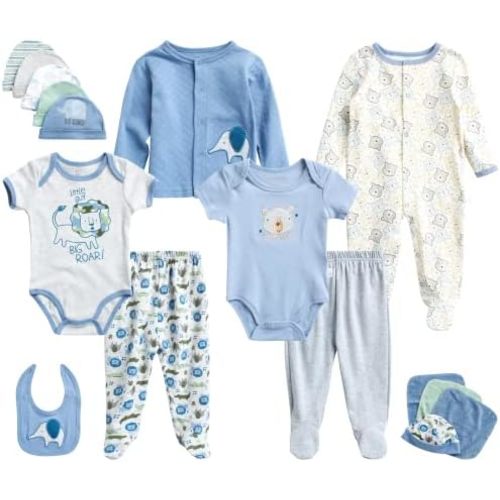 Duck Duck Goose Newborn Baby Take Me Home Layette Gift Set - 17 Piece Jacket, Pants, Bodysuit, Romper, Hat, Washcloth (0-9M)