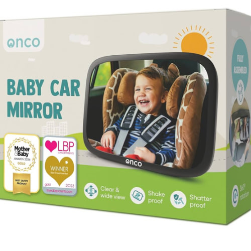 Onco Baby Car Mirror Rear Facing - Double Award-Winning Convex Car Mirror for Baby, 100% Shatterproof & Shakeproof with 360° Rotation, Newborn Essentials (9.6 x 6.9 in)