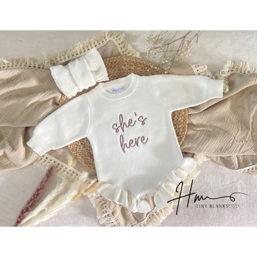 She’s here embroidered Romper, knit ribbed ruffle romper custom, gender reveal announcement, it’s a girl