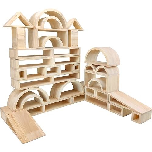 Xylolin Over-Sized Hollow Wooden Block Set for Kids, Natural 29 Piece Set of Large Wood Blocks, Toddler Building and Stacking Blocks, Wooden Toys Building Blocks for Kindergarten