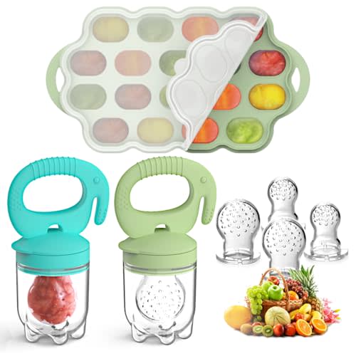 Tohecu Silicone Baby Food Teether Feeder with Breastmilk Popsicle Molds Combo, BPA Free Baby Fruit Food Feeder Pacifier, Teething Popsicle for Baby 4m+, 3 Sizes Food Pouches Included