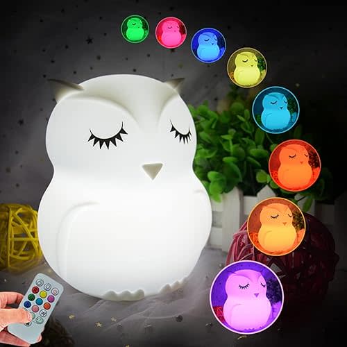 Owl Night Light Baby Light Bedside Lamp Child, Silicone Nursery Lamp for Breastfeeding Bedroom Mood Lights, Eye Caring, Adjustable Brightness & Color, Time Setting, Holiday Gifts - Medium