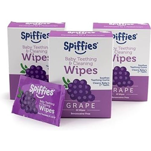 Baby Oral Care Tooth Wipes - Gum & Teeth Wipe Tissues for Teething Relief & Cleaning Infant & Toddler Teeth - Baby Tooth Wipes w/Xylitol for Ages 0-12 Months & Up (Grape, 20 Count, 3 Pack)