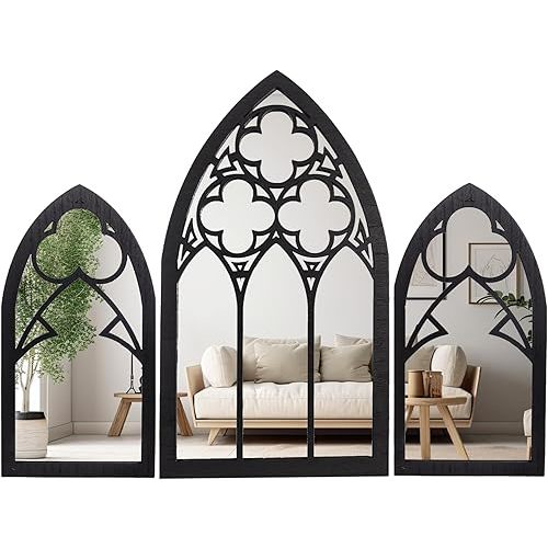 Gothic Mirrors Wall Decor - 3 Piece Set 15.8 Inch Gothic Furniture Cathedral Mirrors - Halloween Decor for Bathroom and Kitchen - Goth Accessories for Bedroom - Witchy Gifts for Women