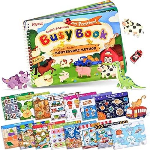 JoyCat Preschool Busy Book for Toddlers 3-5, Dual-Language Learning Activities, Educational Sensory Toys, Autism Learning Materials for Boys & Girls, English and Spanish Version