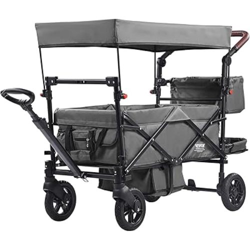 VEVOR Wagon Stroller for 2 Kids, Push Pull Quad Collapsible Stroller with Adjustable Handle, Encircling Harness Removable Canopy, 4 Wheels w/Brakes, Mutifunction Tandem Stroller for Camping Dark Grey