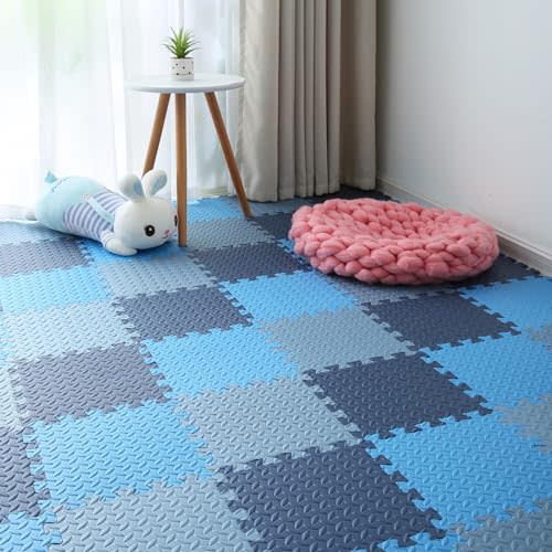 Foam Play Mat for Baby, 0.4 Inch Thick Foam Interlocking Floor Mats, Soft Non-Toxic Baby Playmat, Solid Colored Puzzle Play Mat Kids Floor Mats, 16 Tiles, Dark Blue/Blue/Gray Blue