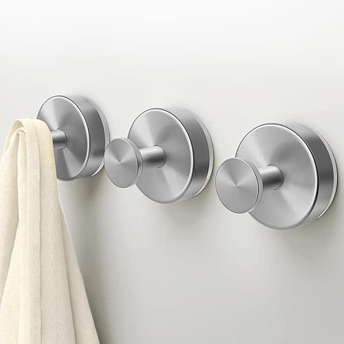 Suction Cup Hooks for Shower,3 Packs Wall Mount Towel Holder,Removable Shower Towel Suction Hooks for Bathroom Wall,Kitchen,Glass,Mirror,Tile to Hang Robes,Loofah-Silver