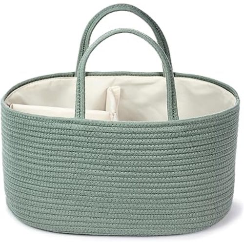 Diaper Caddy Organizer, Baby Storage Basket, Nursery Bin and Car Organizer for Diapers, Gift Basket for Baby Shower List or Newborn Essentials, Boys and Girls - Large, Green