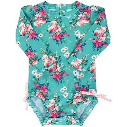 RuffleButts Baby Girls UPF 50+ Sun Protection Floral Printed Long Sleeve One Piece Rash Guard Swimsuit with Zipper