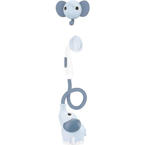 Yookidoo Baby Bath Elephant Shower Head Gift Set - Includes Hooded Towel & Hanger - Control Water from 2 Elephant Trunk Knobs for Max Fun in Tub or Sink Newborns, Toddlers, Boys, Girls (Cloudy Blue)