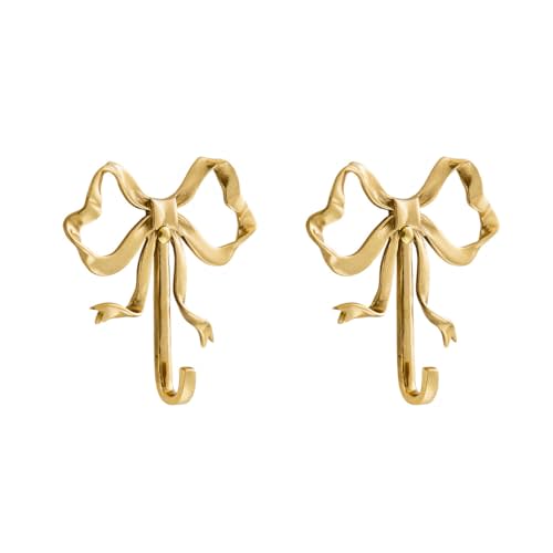 2PCS Brass Bow Wall Hooks Gold Bow Wall Hooks Bow Wall Hook for Hallway Kitchen Hang Coats Keys Towels Bags Umbrellas Bathroom Living Room Kitchen Christmas Wall Decor Birthday Gift (Small)