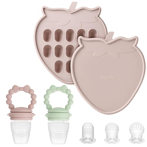 PandaEar Baby Food Freezer Tray & 2 Pack Baby Fruit Food Feeder Pacifier, Baby Fruit Food Feeder Teether Tray Ice Cube Maker, Breastmilk Popsicle Molds for Baby Teething Relief