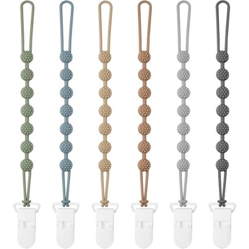 6 Pack Silicone Pacifier Clip with One-Piece Design for Baby Boys and Girls, BPA Free Soft Flexible Binky Clips with Texture for Baby Essentials