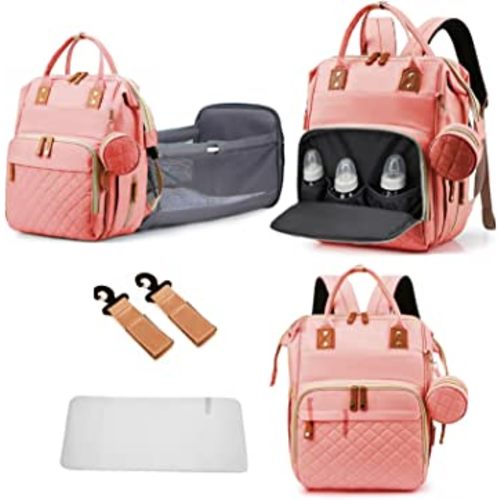 Diaper Bag Backpack with Changing Station Portable 3 in 1 Multifunction Backpack Travel mommy bag Stroller Pink