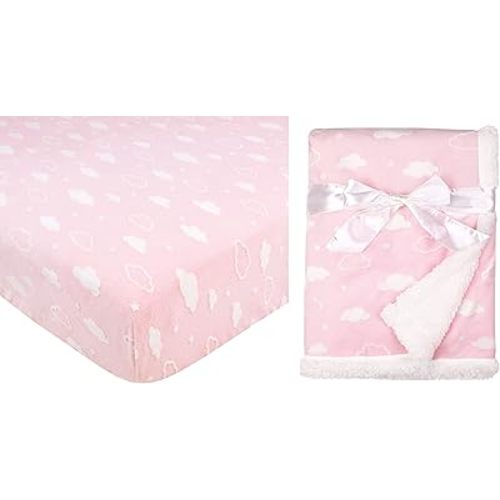 American Baby Company Heavenly Soft 2 Piece Chenille/Sherpa Crib Sheet & Blanket Set for Girls, 3D Cloud Pink