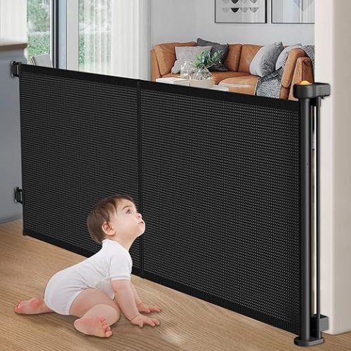 Upgrade Retractable Baby Gates, 35" Tall Extends up to 60" Wide, Mesh Dog Gate Indoor for Stairs, Outdoor Reinforced Pet Gate with Support Rods for Doorways Hallways Kitchen Bedroom, Black