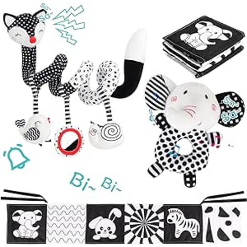 3 Pcs Car Seat Toys for Babies 0-6 Months,Black and White Baby Hanging Rattle Toys for Crib Mobile,High Contrast Baby Toys for Newborn Toys,Infant Sensory Toy Best Gift for 0-6 6-12months - FOX