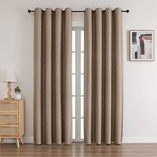 Airwill Linen Look Textured Blackout Curtains 72 Inch Long with Thermal Insulated Liner, Heavy Thick Grommet Window Curtains Drapes for Living Room (52 x 72 Inch, 2 Panels, Light Coffee)