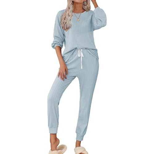 Ekouaer Womens Pajamas Set Ribbed Knit Long Sleeve Pullover Top Jogger Pants Set 2 Piece Lounge Set Sleepwear Tracksuit S-XXL