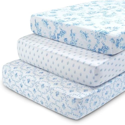 Delta Children Fitted Crib Sheets for Girls and Boys - 100% Organic Cotton Crib Sheet for Standard Crib and Toddler Mattresses - 28x52 Inch - GOTS Certified (Pack of 3), Blue Botanicals