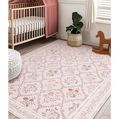 YIHOUSE 6x9 Washable Rug for Bedroom, Pink Floral Rugs for Living Room Non Slip Ultra-Thin Large Boho Rug for Kids Playroom, Classroom, Girls Dorm, Nursery, Pink Multi