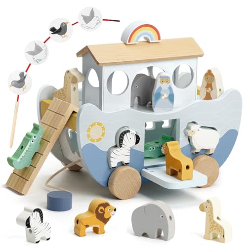 Joyreal Wooden Noah's Ark Toy for 1 Year Old Baby Boy and Girl Baptism Gift - Neutral Color Montessori Educational Toy with Animal Shape Sorter - Christian Toys for Toddler 1-3 Christmas Birthday Gift