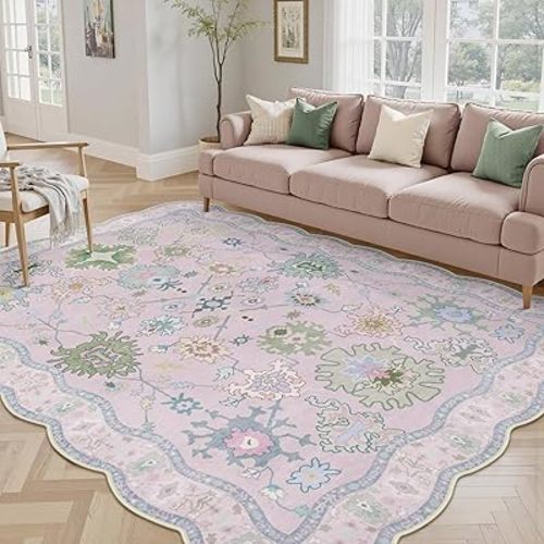 Oushak Pink Rugs for Bedroom Girls, 5x7 Washable Non Slip Area Rugs for Living Room, Scalloped Vintage Boho Floral Geometric Soft Carpet for Nursery Dorm Home Decor