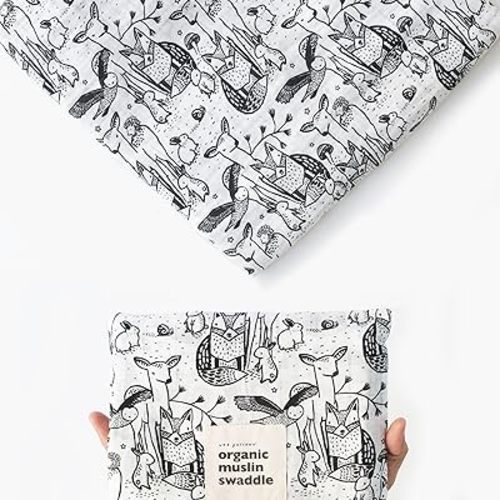 Wee Gallery, Organic Muslin Swaddle - Forest - Woodland Animals Design, Black and White for Baby Visual Development, Quality Cotton Swaddling or Receiving Blanket