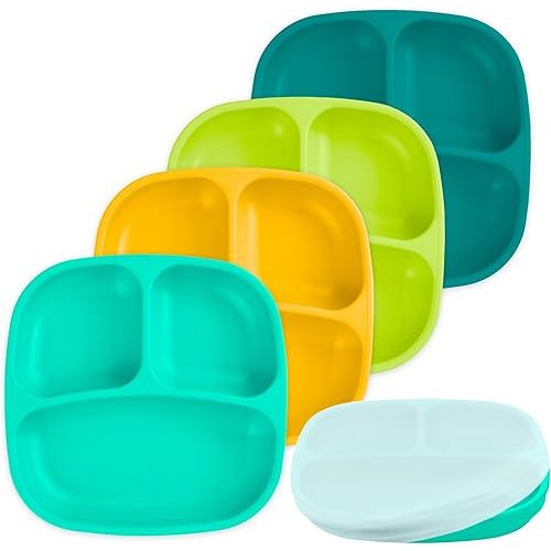 Re-Play Toddler Plates with Dividers & Silicone Lid - Deep-Walled 3 Compartments Divided Plates for Kids - Dishwasher/Microwave Safe - Made in USA - Set of 4-7.37" x 7.37" x 1.25" - Aqua Asst